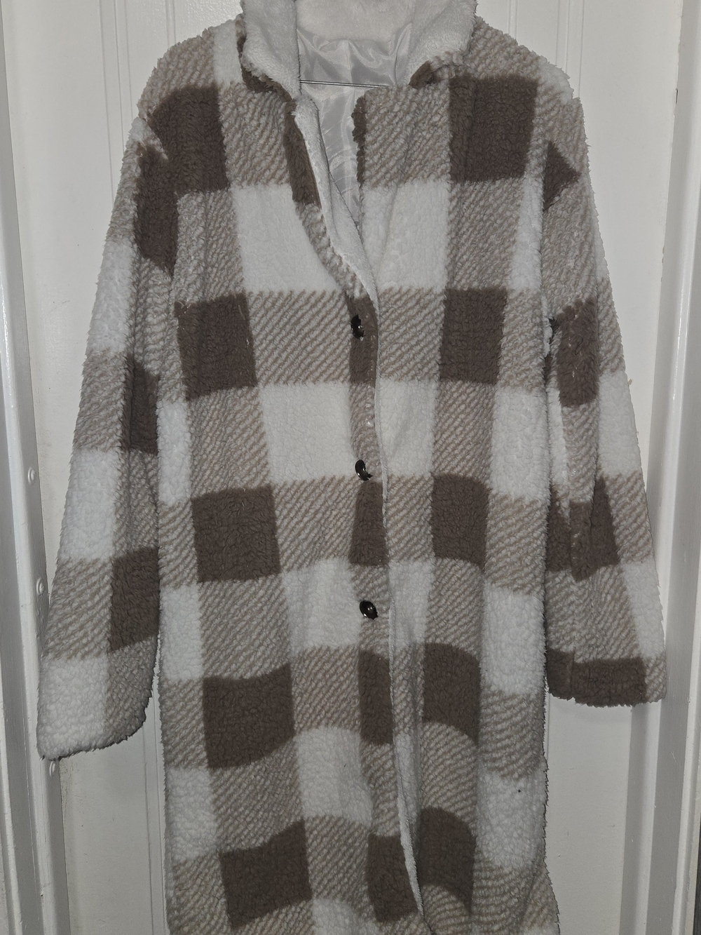 SHEIN Taupe & White Check Teddy Jacket
